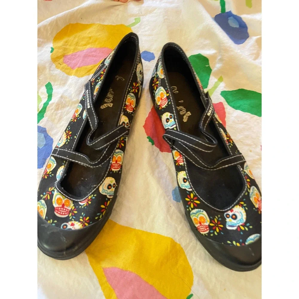 Y2k skechers Women Sugar Skull‎ Day of the Dead Mary Jane Black Flats Size 10